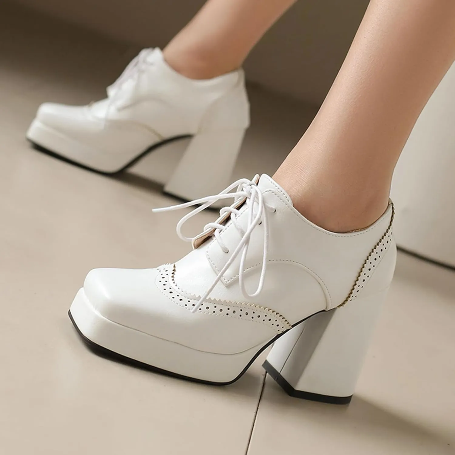 Gicoiz Patent Oxford Women Office Work Lace Up Stylish Brogue Pumps