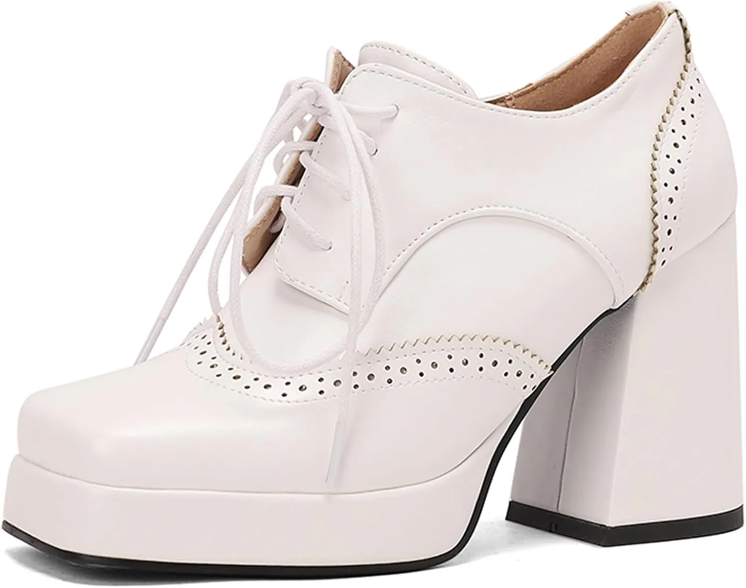 Gicoiz Patent Oxford Women Office Work Lace Up Stylish Brogue Pumps
