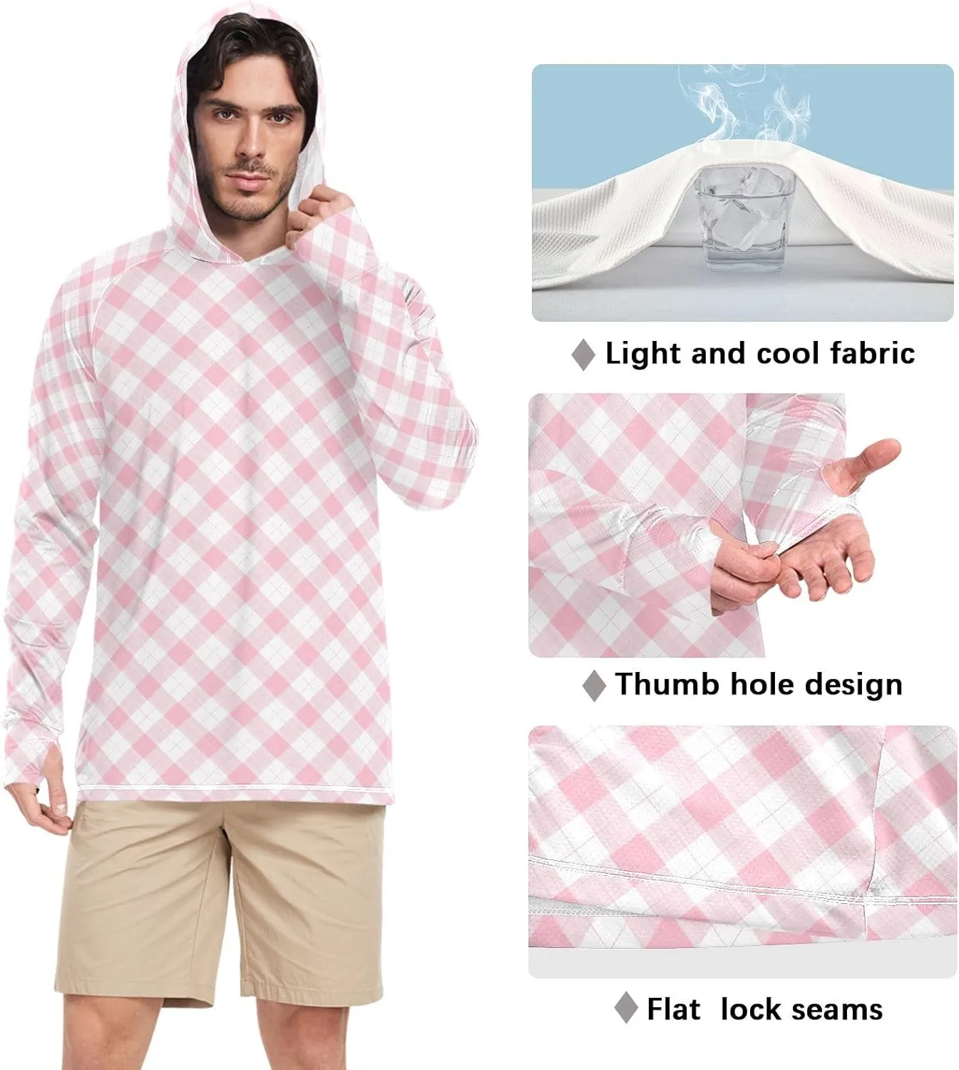 Gingham Men's Sun Shirt Hoodie Long Sleeve UPF 50   Mens Sun Shirts Sailing Rash Guard Men UV Rash Guards