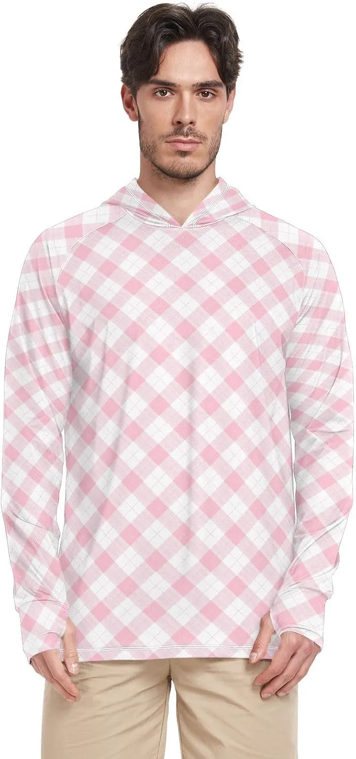 Gingham Men's Sun Shirt Hoodie Long Sleeve UPF 50   Mens Sun Shirts Sailing Rash Guard Men UV Rash Guards
