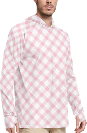 Gingham Men's Sun Shirt Hoodie Long Sleeve UPF 50   Mens Sun Shirts Sailing Rash Guard Men UV Rash Guards