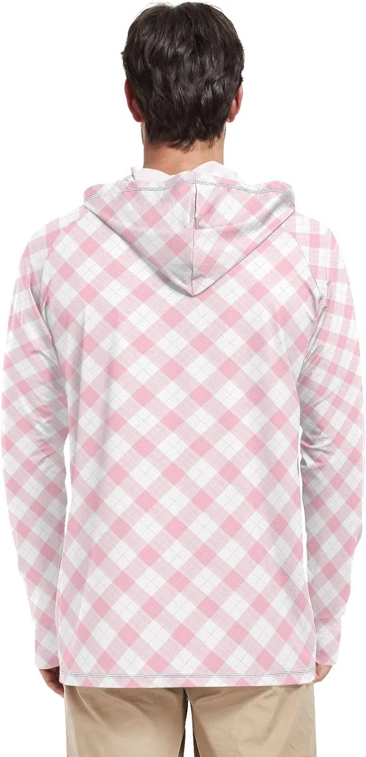 Gingham Men's Sun Shirt Hoodie Long Sleeve UPF 50   Mens Sun Shirts Sailing Rash Guard Men UV Rash Guards