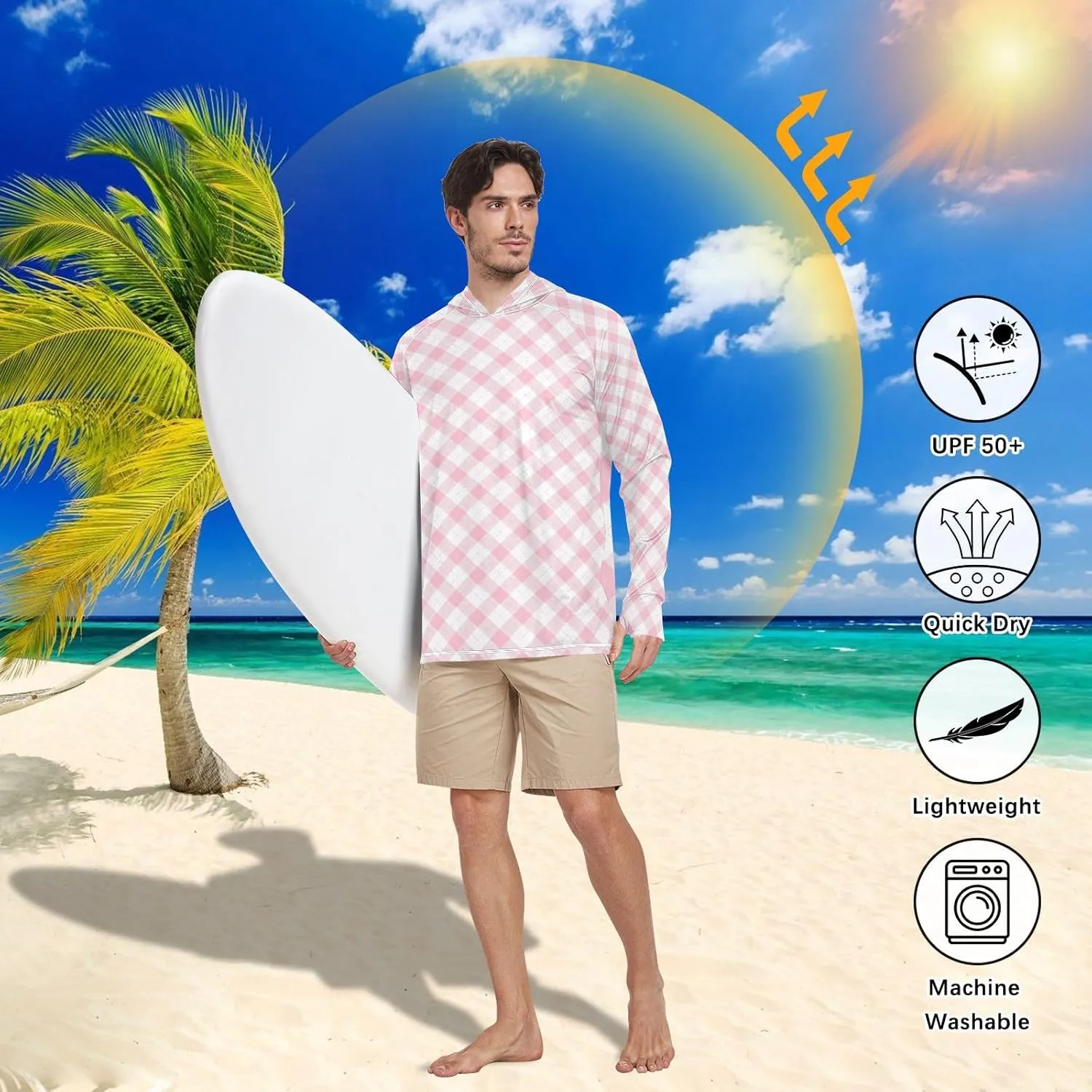 Gingham Men's Sun Shirt Hoodie Long Sleeve UPF 50   Mens Sun Shirts Sailing Rash Guard Men UV Rash Guards