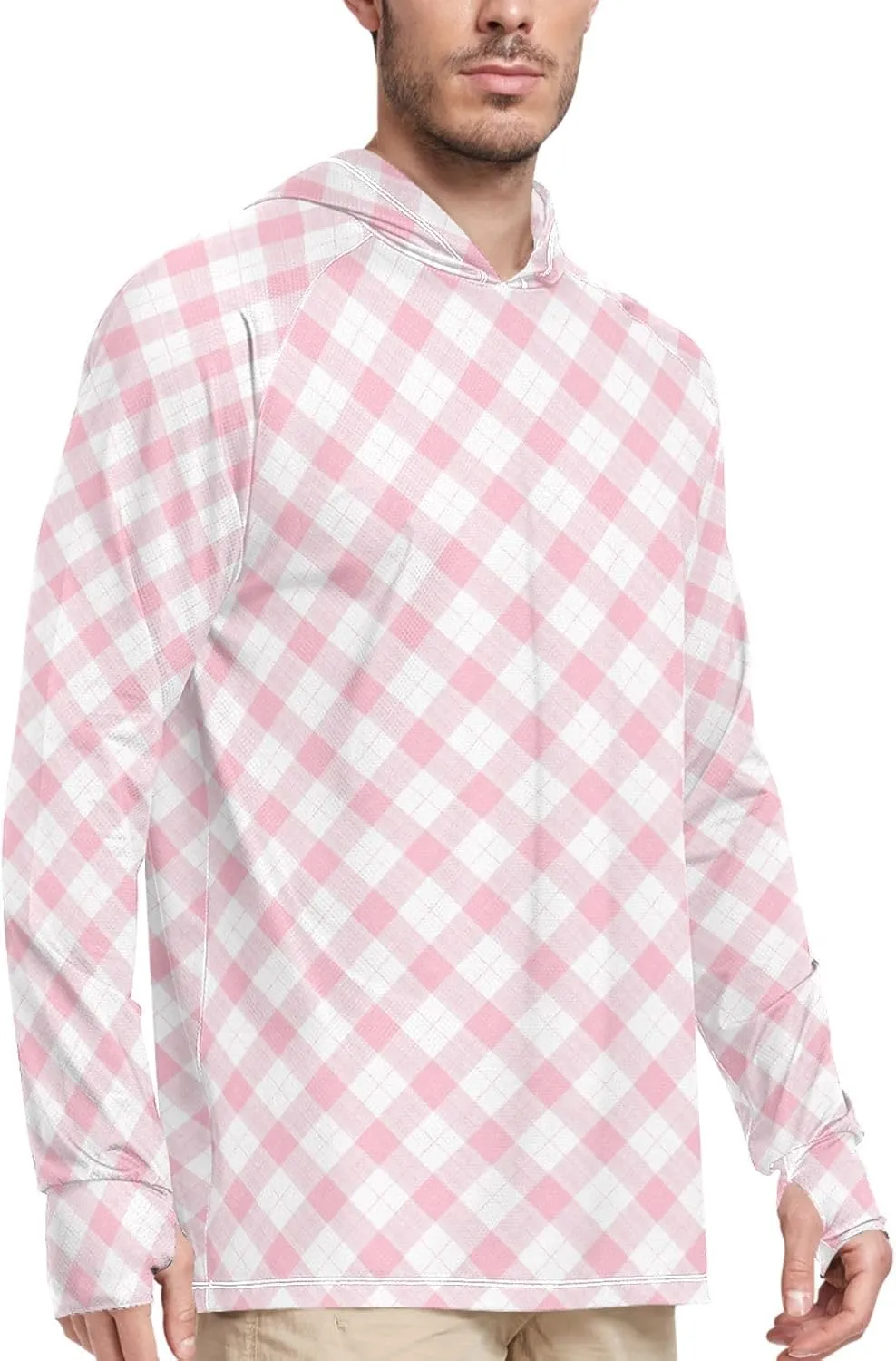 Gingham Men's Sun Shirt Hoodie Long Sleeve UPF 50   Mens Sun Shirts Sailing Rash Guard Men UV Rash Guards