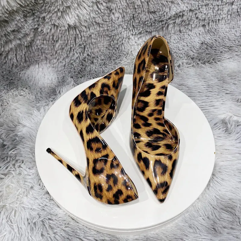 Glossy Leopard Pointy Toe High Heel Shoes for Women