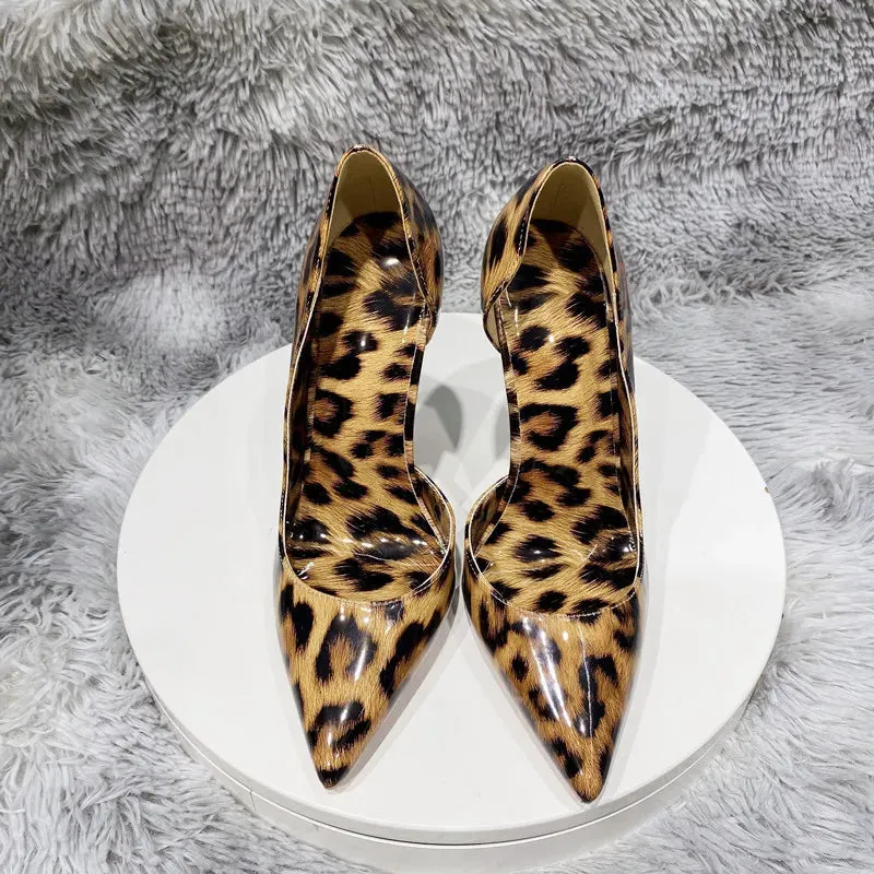 Glossy Leopard Pointy Toe High Heel Shoes for Women