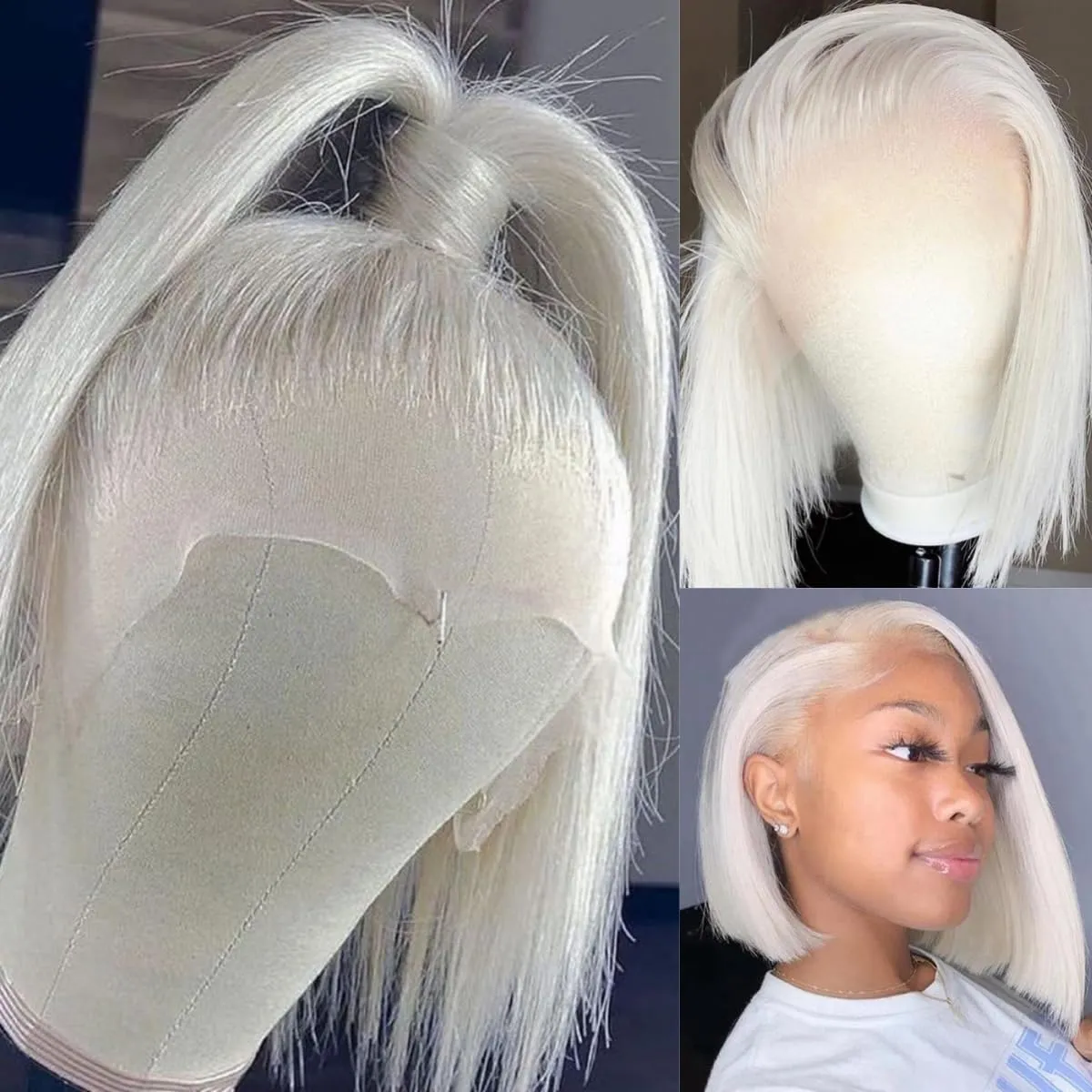 Glueless Human Hair Wig, Platinum Blonde, 10 Inch, Straight, Bob, Medium Cap, Transparent Lace Front, Breathable, Shedding Free, Tangle Free, Brazilian Virgin Hair