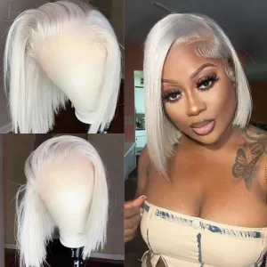 Glueless Human Hair Wig, Platinum Blonde, 10 Inch, Straight, Bob, Medium Cap, Transparent Lace Front, Breathable, Shedding Free, Tangle Free, Brazilian Virgin Hair