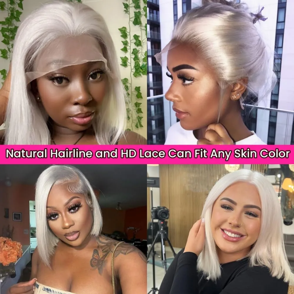 Glueless Human Hair Wig, Platinum Blonde, 10 Inch, Straight, Bob, Medium Cap, Transparent Lace Front, Breathable, Shedding Free, Tangle Free, Brazilian Virgin Hair