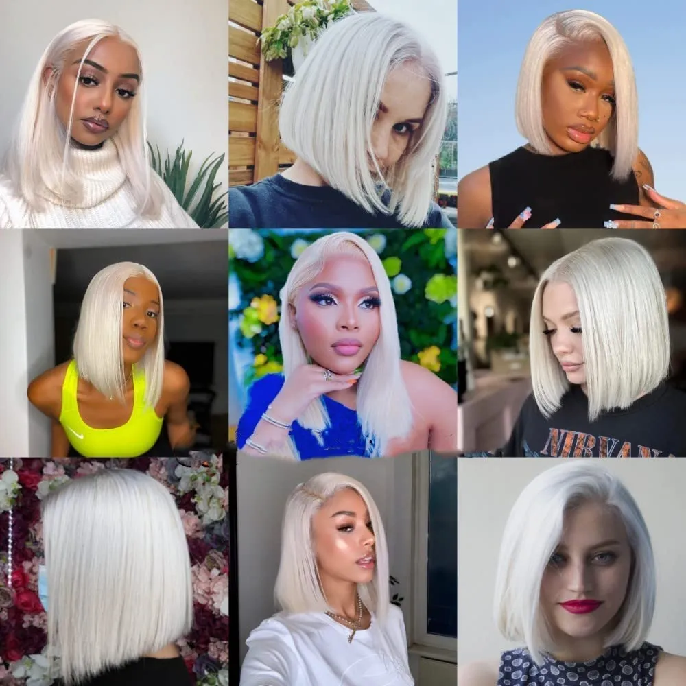 Glueless Human Hair Wig, Platinum Blonde, 10 Inch, Straight, Bob, Medium Cap, Transparent Lace Front, Breathable, Shedding Free, Tangle Free, Brazilian Virgin Hair