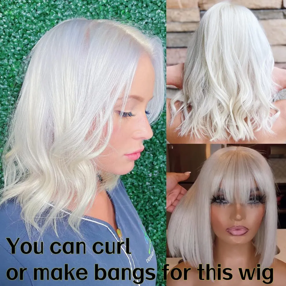 Glueless Human Hair Wig, Platinum Blonde, 10 Inch, Straight, Bob, Medium Cap, Transparent Lace Front, Breathable, Shedding Free, Tangle Free, Brazilian Virgin Hair