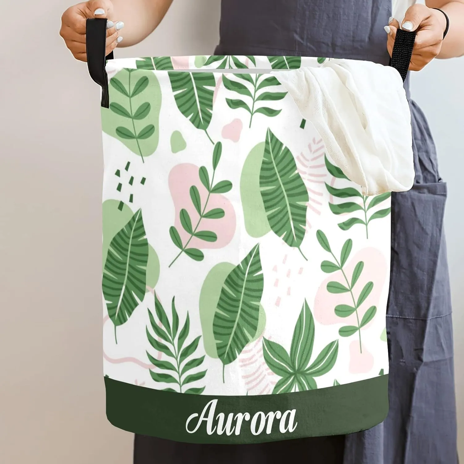Green Leaves Personalized Waterproof Foldable Laundry Basket Bag with Handle, Custom Collapsible Clothes Hamper Storage Bin for Toys Laundry Dorm Travel Bathroom