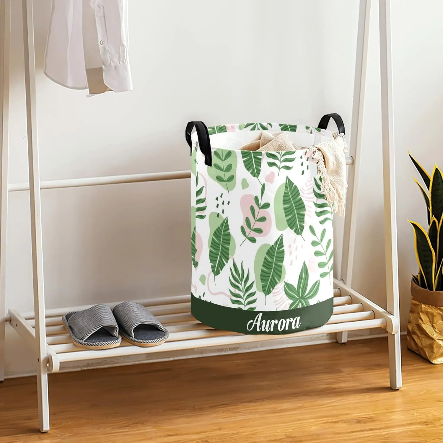 Green Leaves Personalized Waterproof Foldable Laundry Basket Bag with Handle, Custom Collapsible Clothes Hamper Storage Bin for Toys Laundry Dorm Travel Bathroom