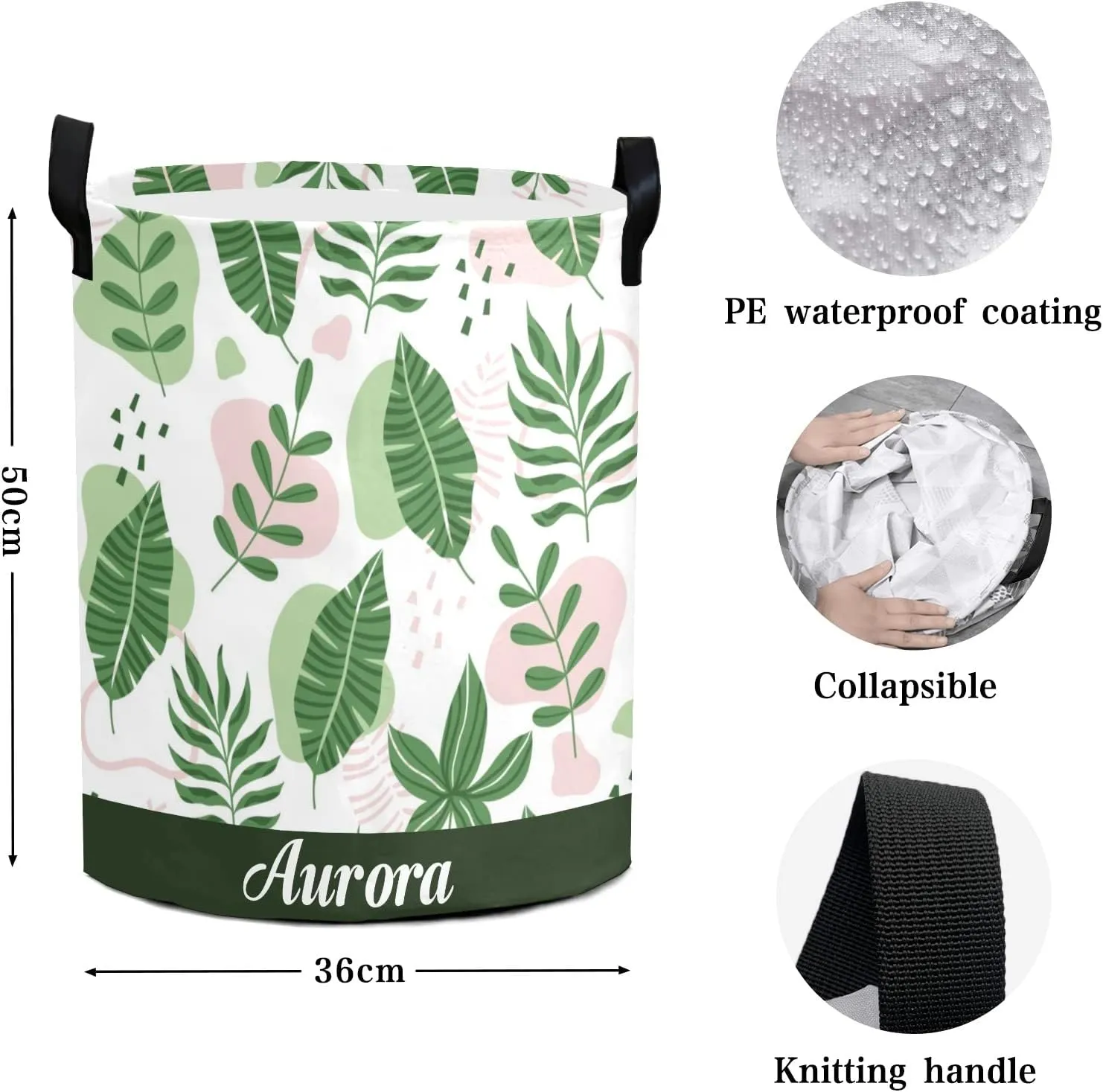 Green Leaves Personalized Waterproof Foldable Laundry Basket Bag with Handle, Custom Collapsible Clothes Hamper Storage Bin for Toys Laundry Dorm Travel Bathroom