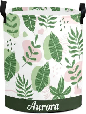 Green Leaves Personalized Waterproof Foldable Laundry Basket Bag with Handle, Custom Collapsible Clothes Hamper Storage Bin for Toys Laundry Dorm Travel Bathroom