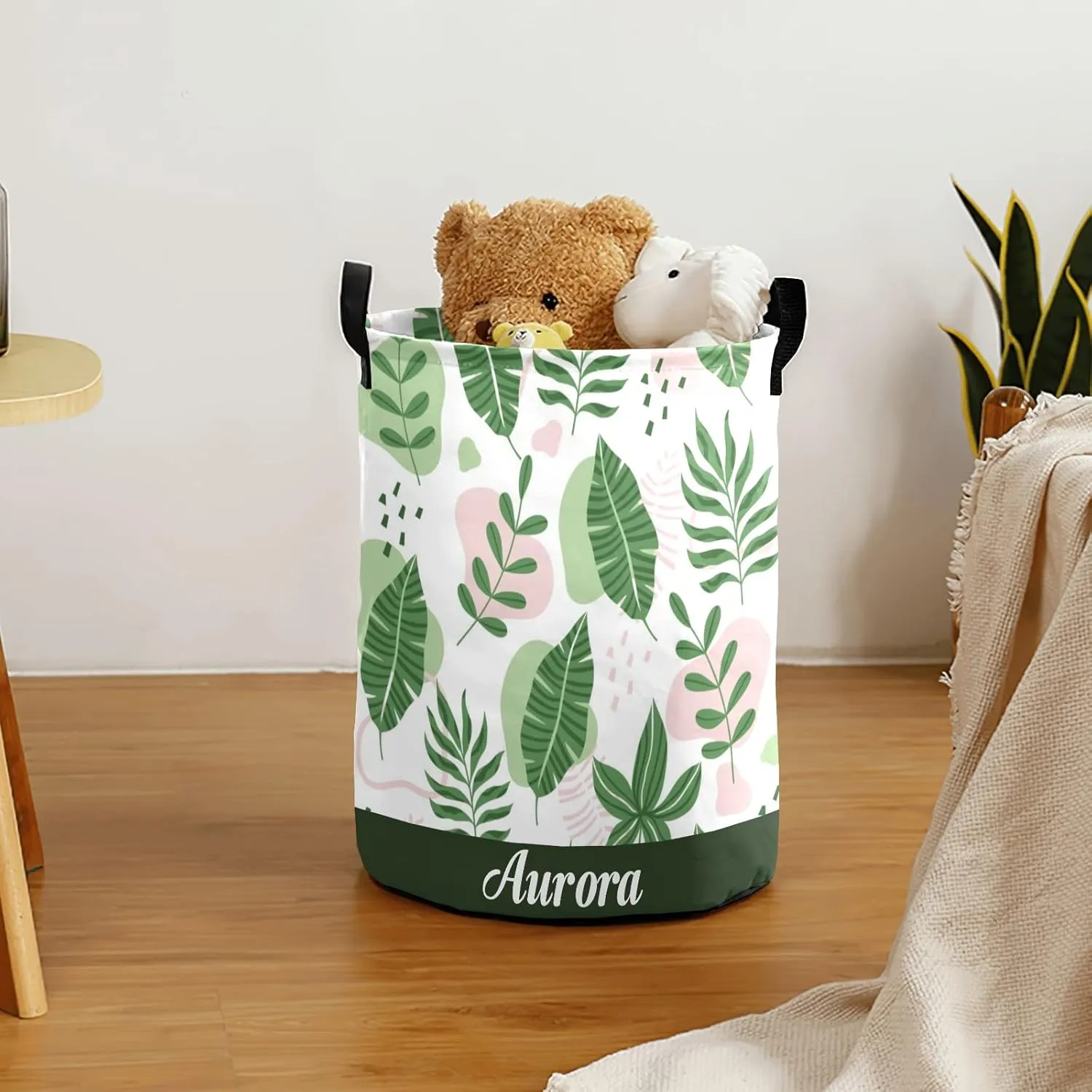 Green Leaves Personalized Waterproof Foldable Laundry Basket Bag with Handle, Custom Collapsible Clothes Hamper Storage Bin for Toys Laundry Dorm Travel Bathroom