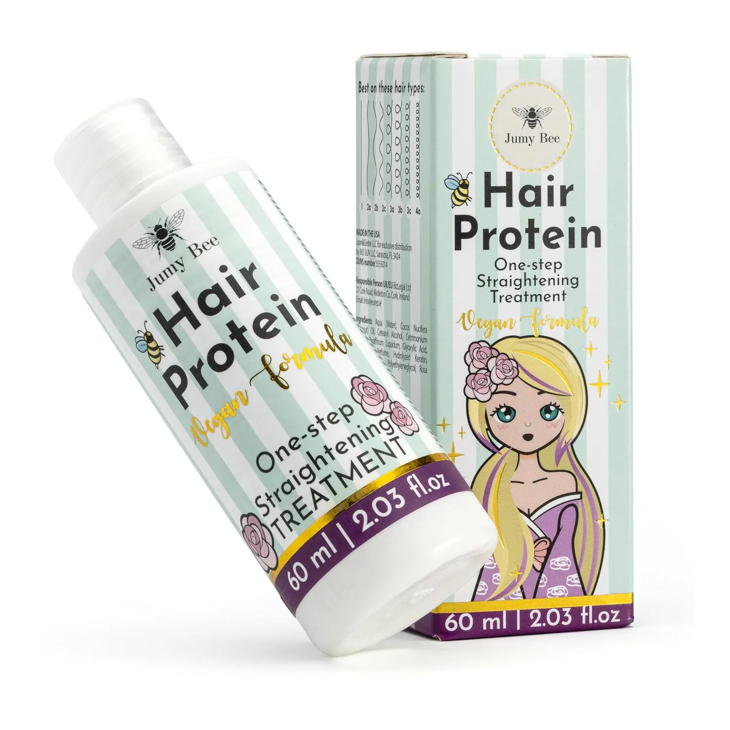 Hair Smoothing Mask Jumy Bee – One Step Protein Hair Treatment Formaldehyde Free, Eliminates Curls and Frizz, Shiny Hair – With Coconut Oil & Rose Extract (Keratin 2.02oz)