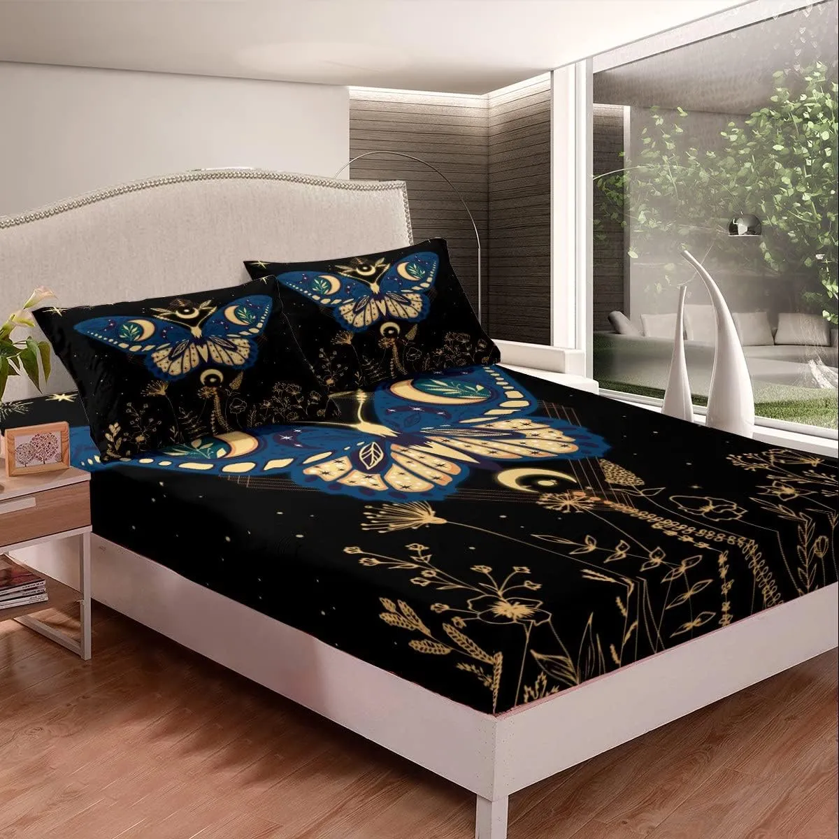 Halloween Butterfly Bed Sheets Set Full, Boho Stars Galaxy Sheets for Girls Women Adult, Exotic Trippy Moon Moth Dragonfly Sheet Set Botanical Dandelion Plants Top Sheet with Deep Pocket, 4Pcs