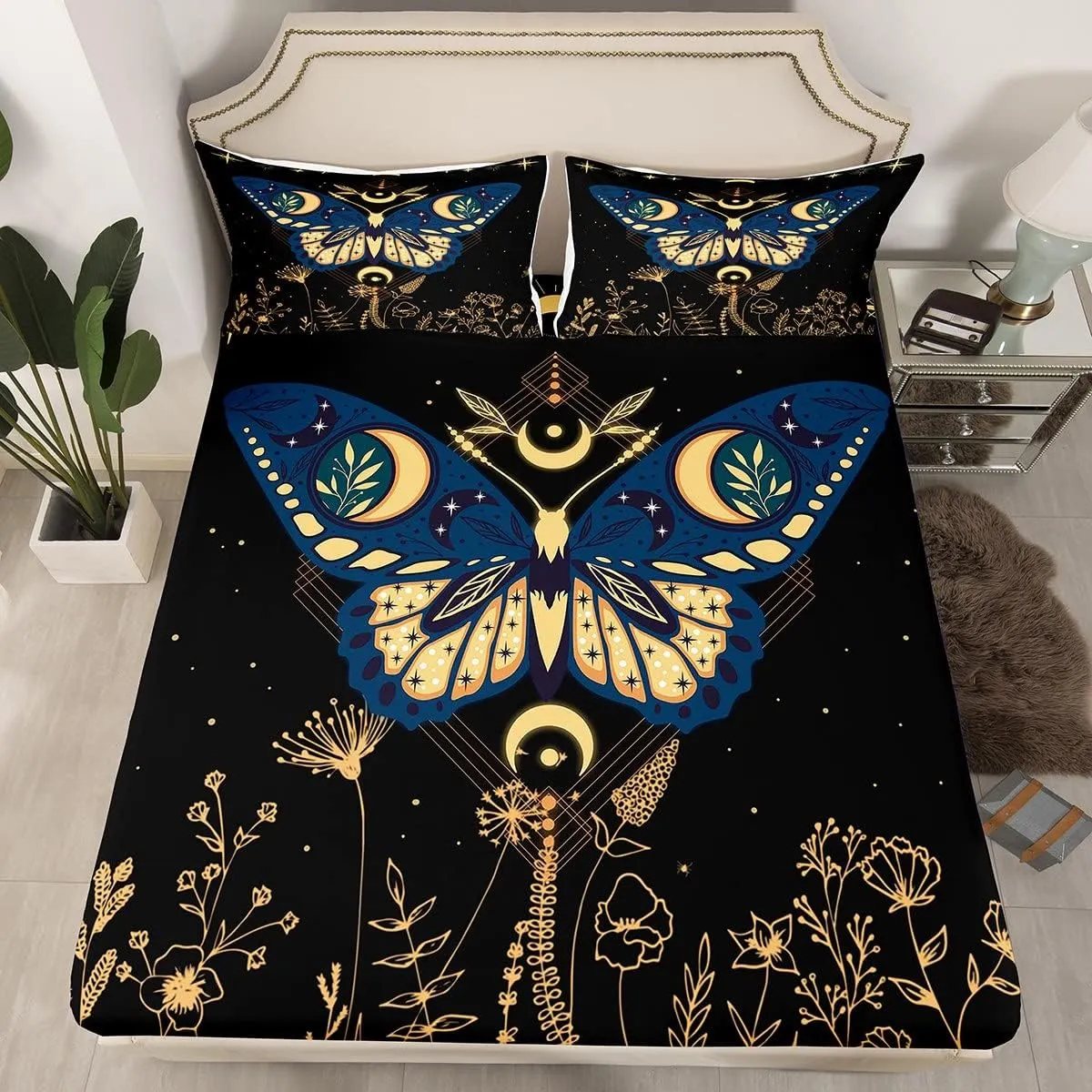 Halloween Butterfly Bed Sheets Set Full, Boho Stars Galaxy Sheets for Girls Women Adult, Exotic Trippy Moon Moth Dragonfly Sheet Set Botanical Dandelion Plants Top Sheet with Deep Pocket, 4Pcs