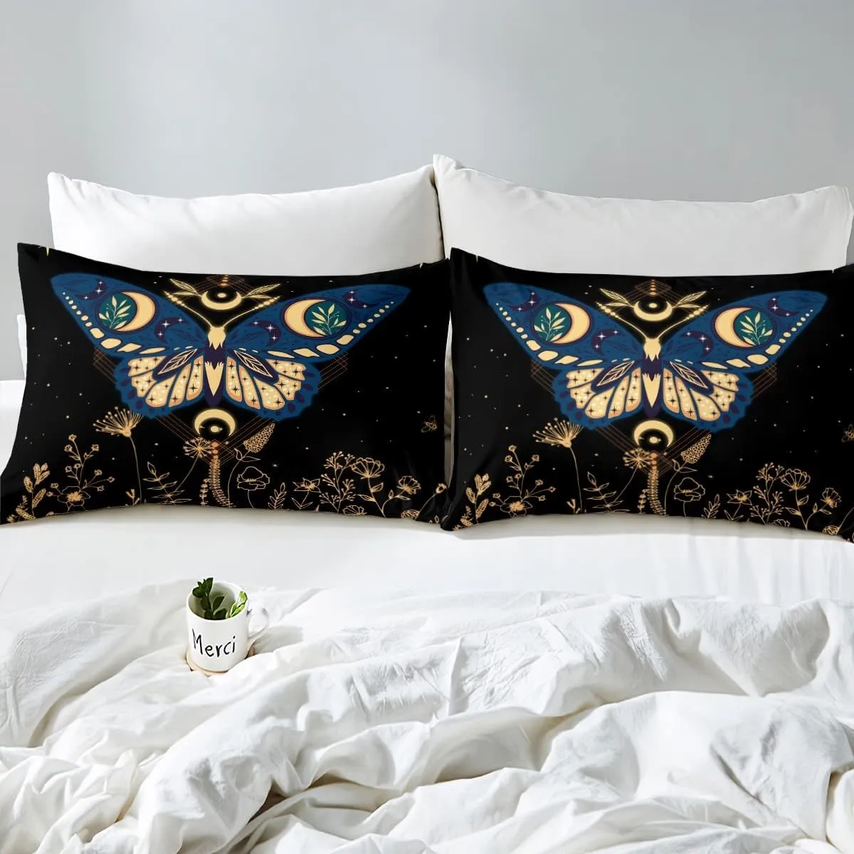 Halloween Butterfly Bed Sheets Set Full, Boho Stars Galaxy Sheets for Girls Women Adult, Exotic Trippy Moon Moth Dragonfly Sheet Set Botanical Dandelion Plants Top Sheet with Deep Pocket, 4Pcs