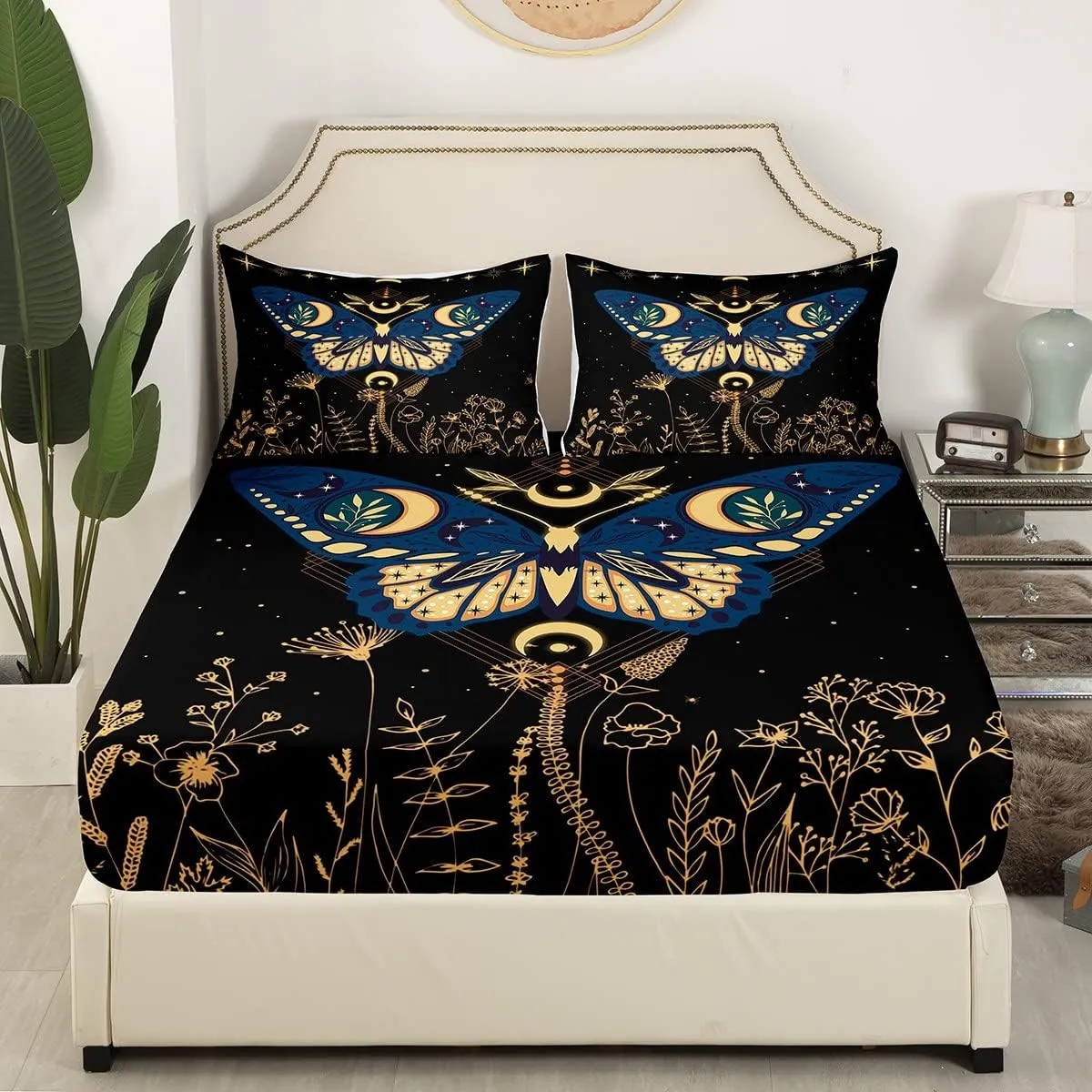 Halloween Butterfly Bed Sheets Set Full, Boho Stars Galaxy Sheets for Girls Women Adult, Exotic Trippy Moon Moth Dragonfly Sheet Set Botanical Dandelion Plants Top Sheet with Deep Pocket, 4Pcs