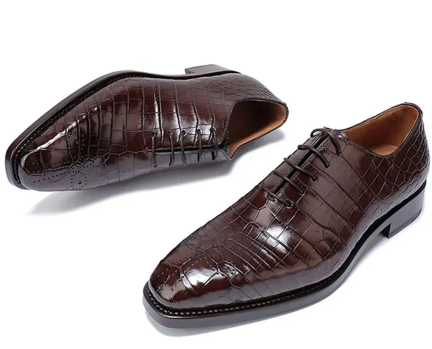 Handmade Brown Crocodile Texture Oxford Shoes for Men