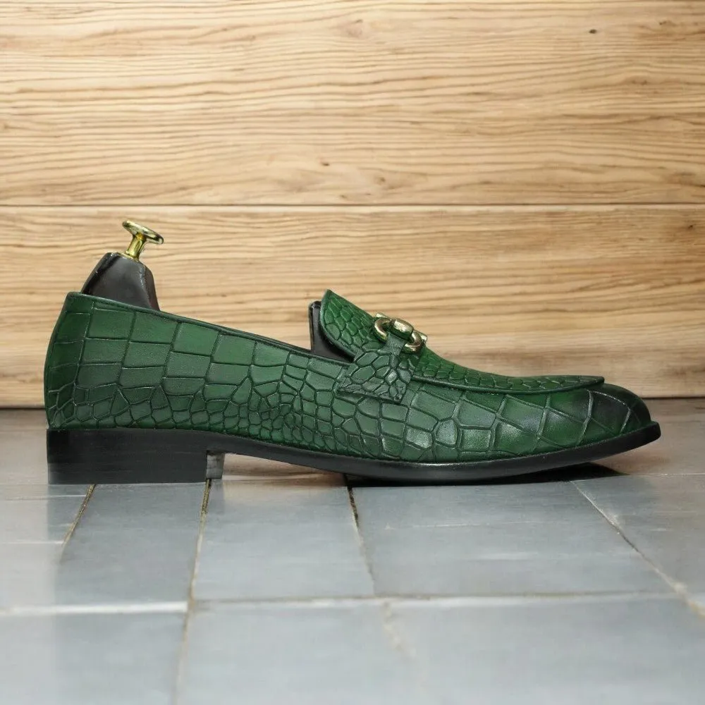 Handmade Penny Loafers, Leather Green Loafers For Men's