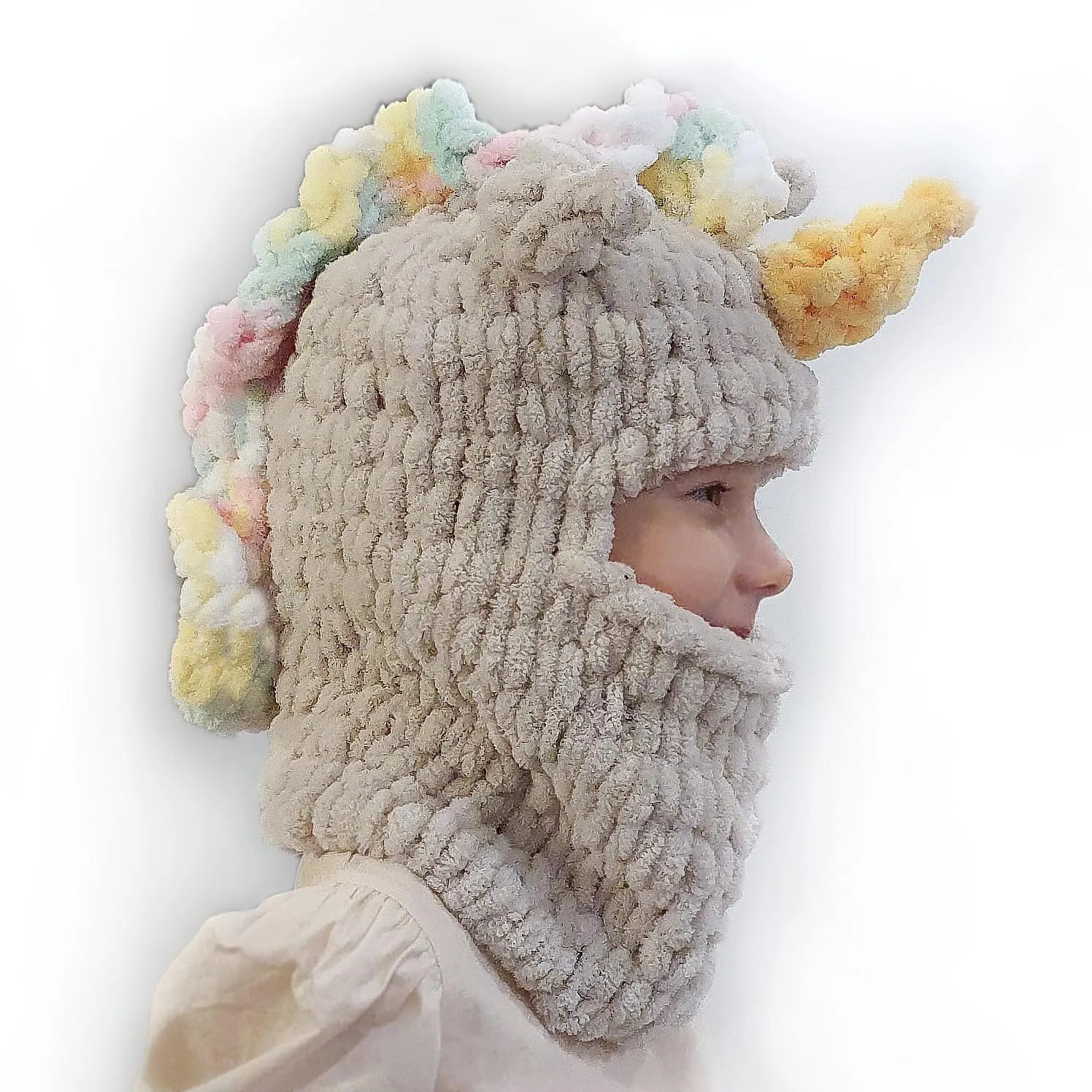 Handmade Unicorn Balaclava, Ski Mask, Snowboard Hat, Winter Sports Must Have, Animal Head Festival Outfit (X-Large, Beige)