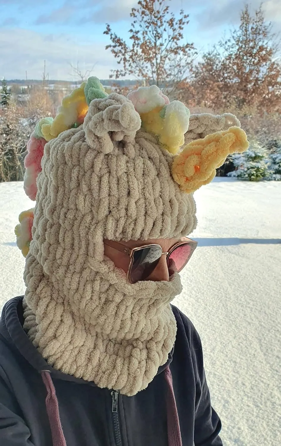 Handmade Unicorn Balaclava, Ski Mask, Snowboard Hat, Winter Sports Must Have, Animal Head Festival Outfit (X-Large, Beige)