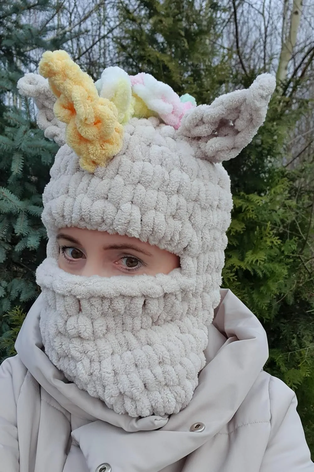 Handmade Unicorn Balaclava, Ski Mask, Snowboard Hat, Winter Sports Must Have, Animal Head Festival Outfit (X-Large, Beige)