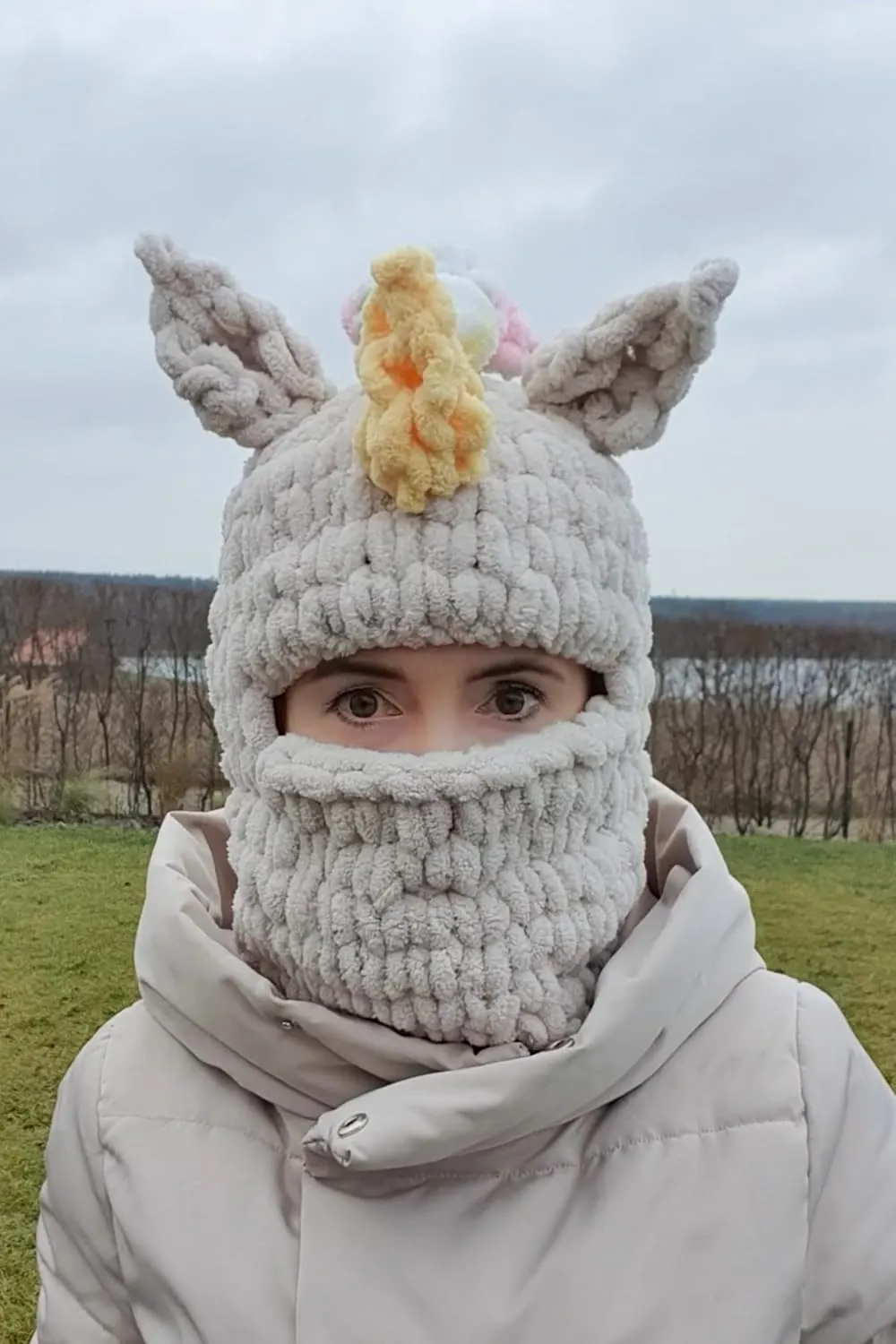 Handmade Unicorn Balaclava, Ski Mask, Snowboard Hat, Winter Sports Must Have, Animal Head Festival Outfit (X-Large, Beige)