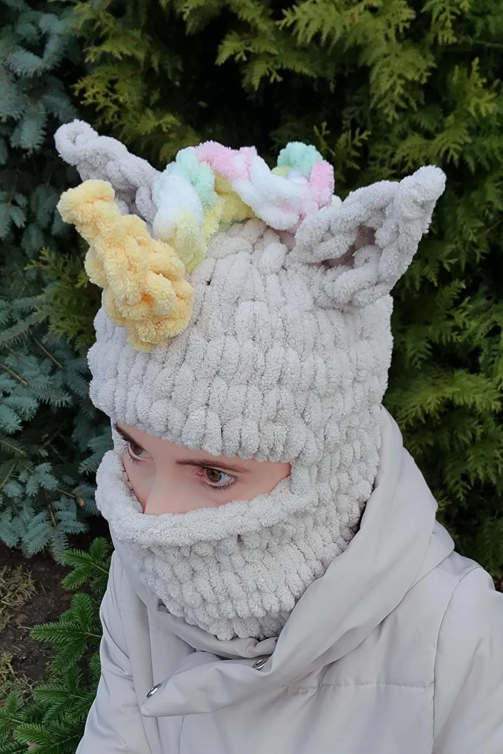 Handmade Unicorn Balaclava, Ski Mask, Snowboard Hat, Winter Sports Must Have, Animal Head Festival Outfit (X-Large, Beige)