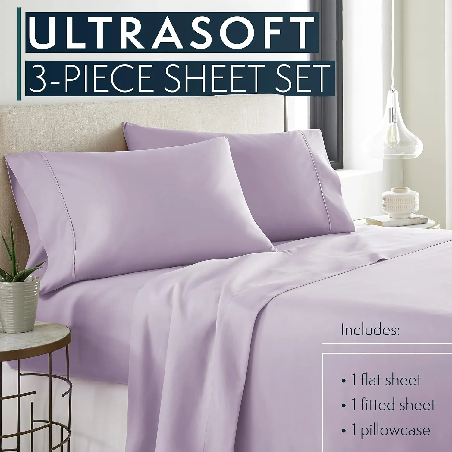 HC COLLECTION Twin Sheets Set, 3 pc Bed Sheets & Pillowcase Set - Machine Washable for Easy Care - Soft & Breathable All Season Microfiber Sheets with Deep Pockets - Lavender