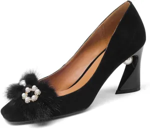 Heel Suede Leather Women's Square Toe Chunky Heels Vintage Floral Handmade Dress Pump Shoes with Fur Pearl (Black, US7.5)