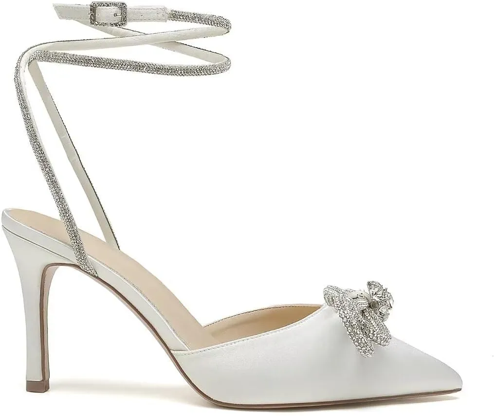 High Heel Wedding Shoes for Bride Pointed Toe Ankle Strap Bridal Shoes Glitter Bow Wedding Heels