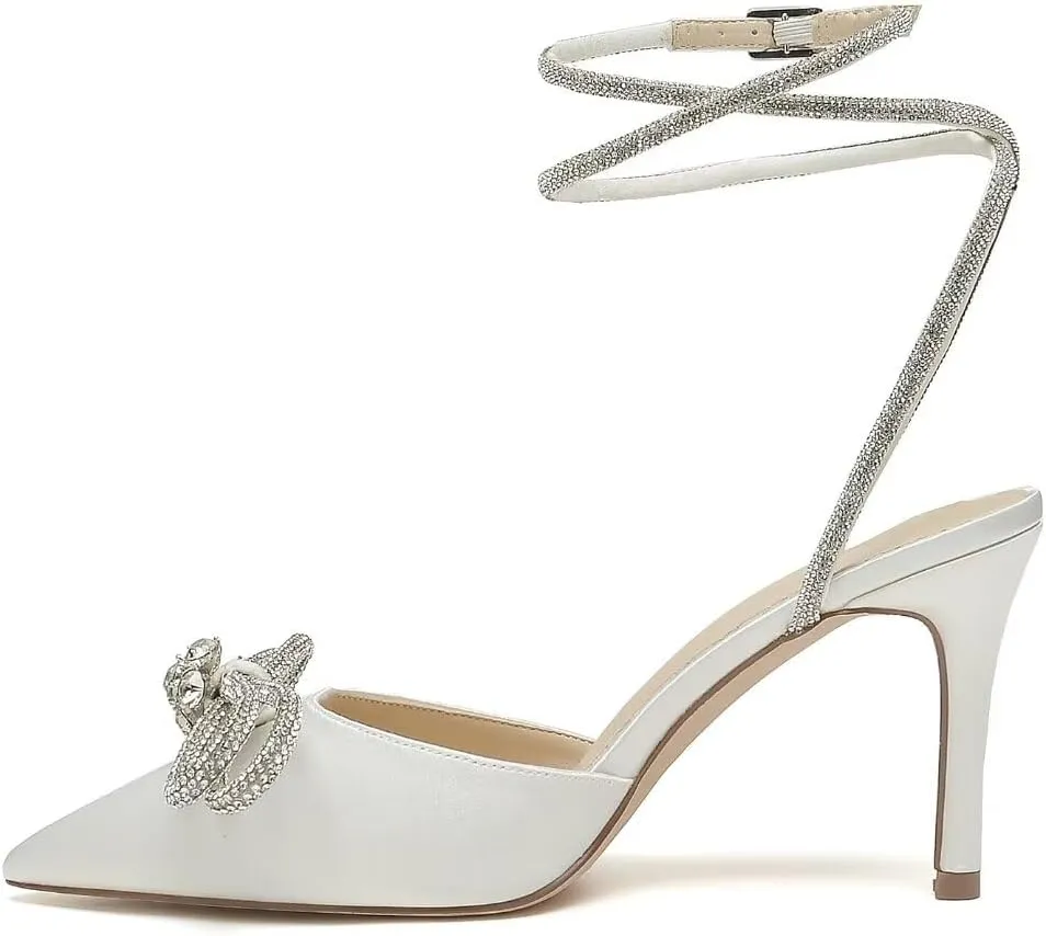High Heel Wedding Shoes for Bride Pointed Toe Ankle Strap Bridal Shoes Glitter Bow Wedding Heels