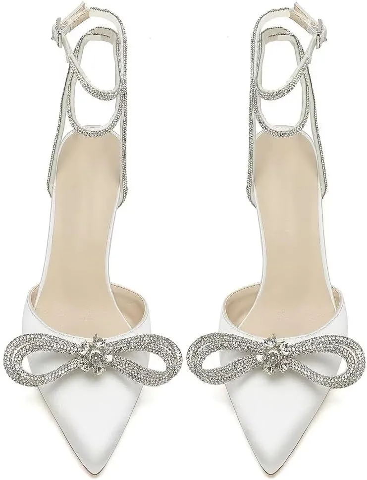 High Heel Wedding Shoes for Bride Pointed Toe Ankle Strap Bridal Shoes Glitter Bow Wedding Heels