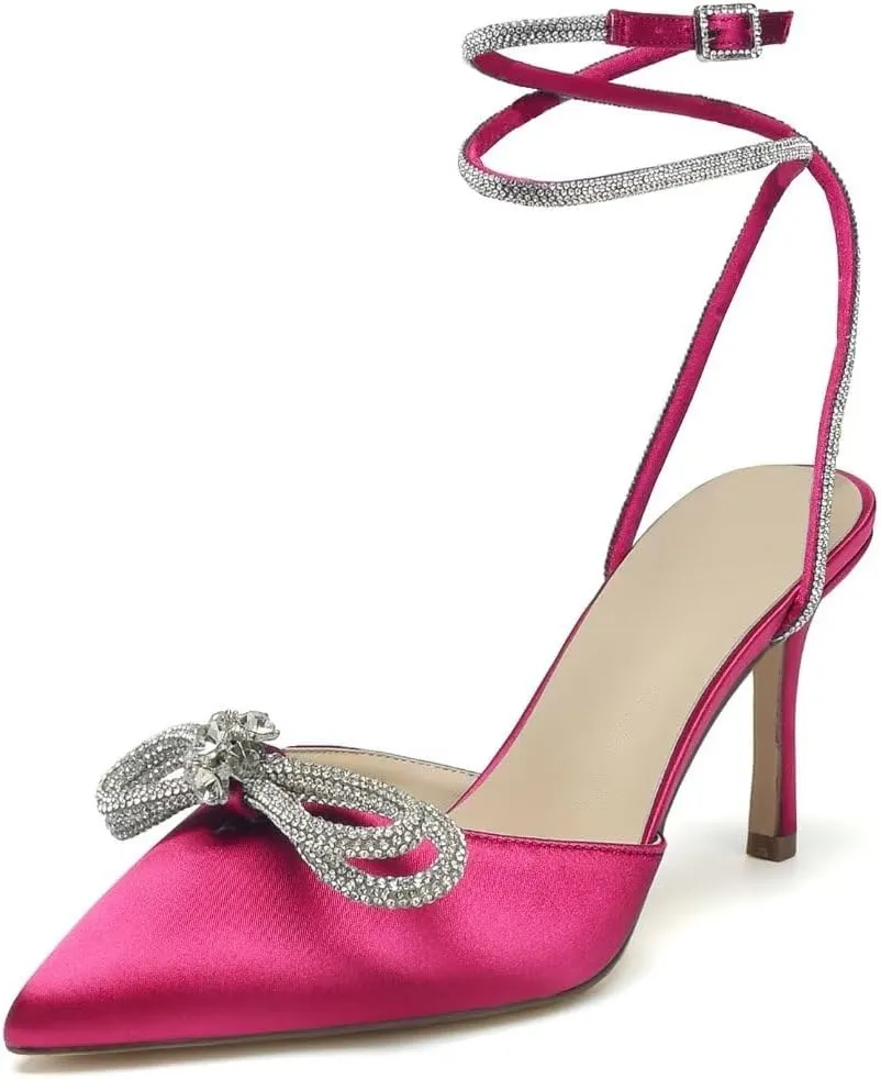 High Heel Wedding Shoes for Bride Pointed Toe Ankle Strap Bridal Shoes Glitter Bow Wedding Heels