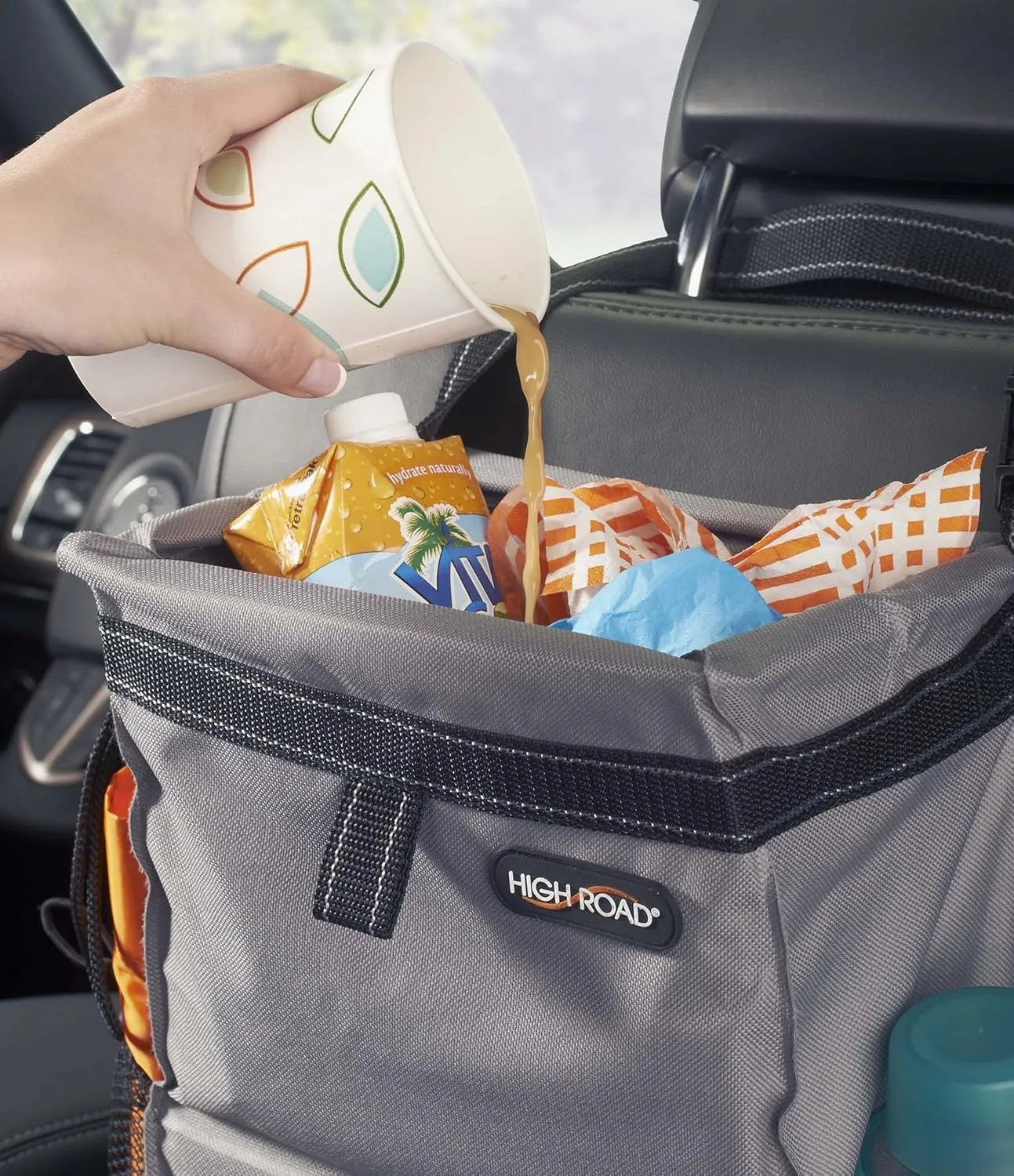 High Road Car Back Seat Trash Bag with Tissue Holder and Cup Holder Pockets - Holds Full Size Tissue Box - 2 Gal Covered Car Trash Can