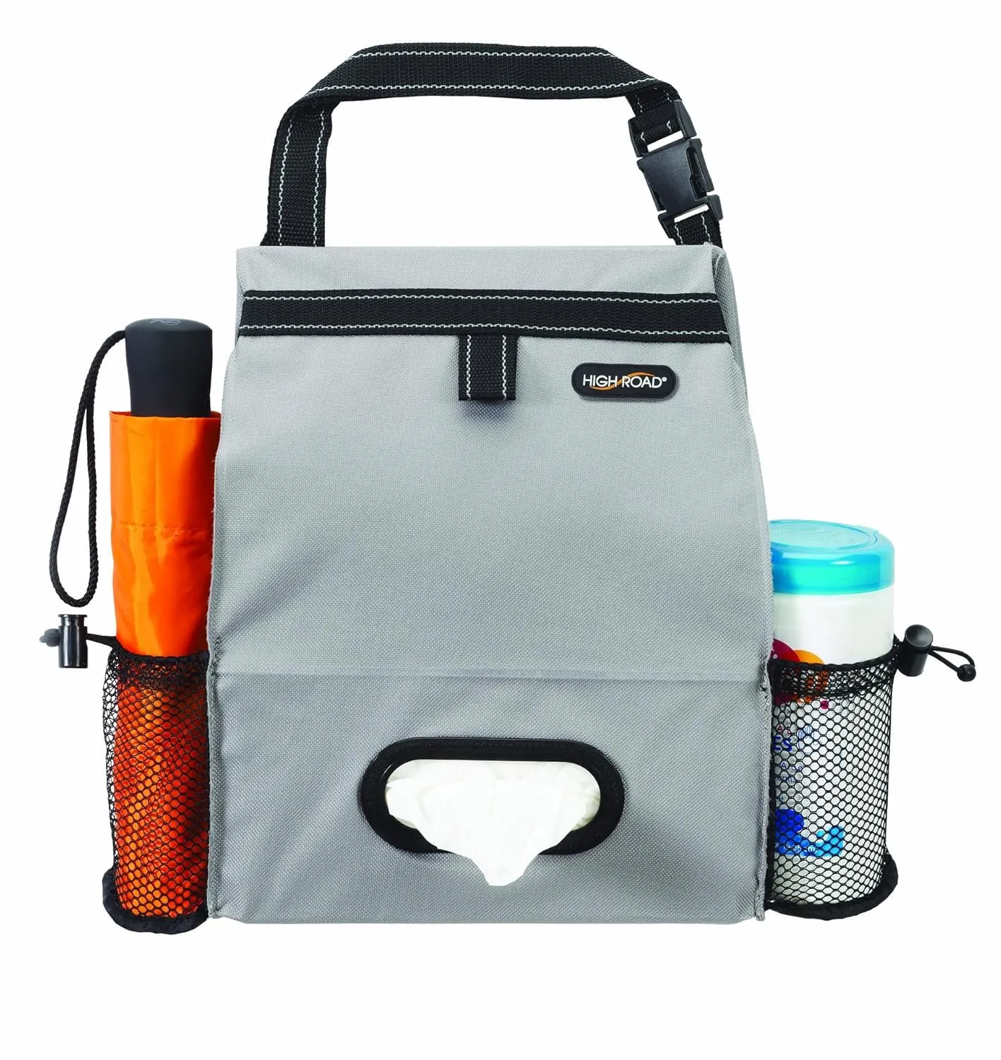 High Road Car Back Seat Trash Bag with Tissue Holder and Cup Holder Pockets - Holds Full Size Tissue Box - 2 Gal Covered Car Trash Can