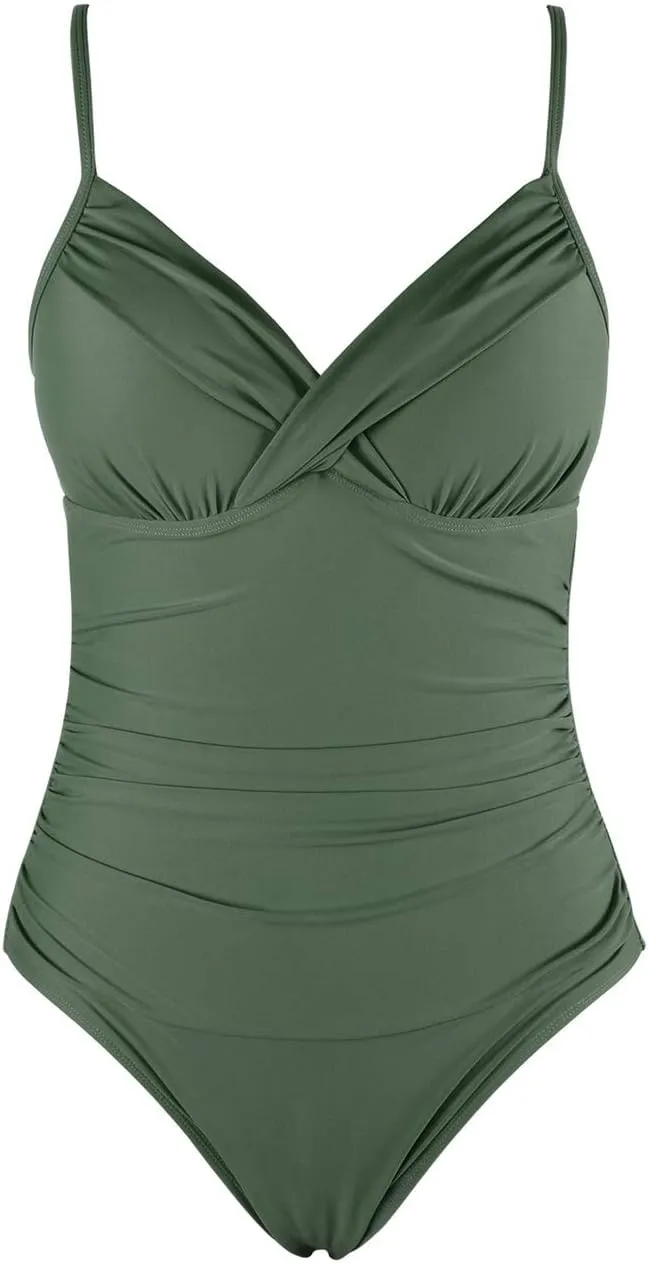 Hilor Women's One Piece Swimsuits Front Twist Swimwear V Neck Shirred Bathing Suit Monokini Tummy Control