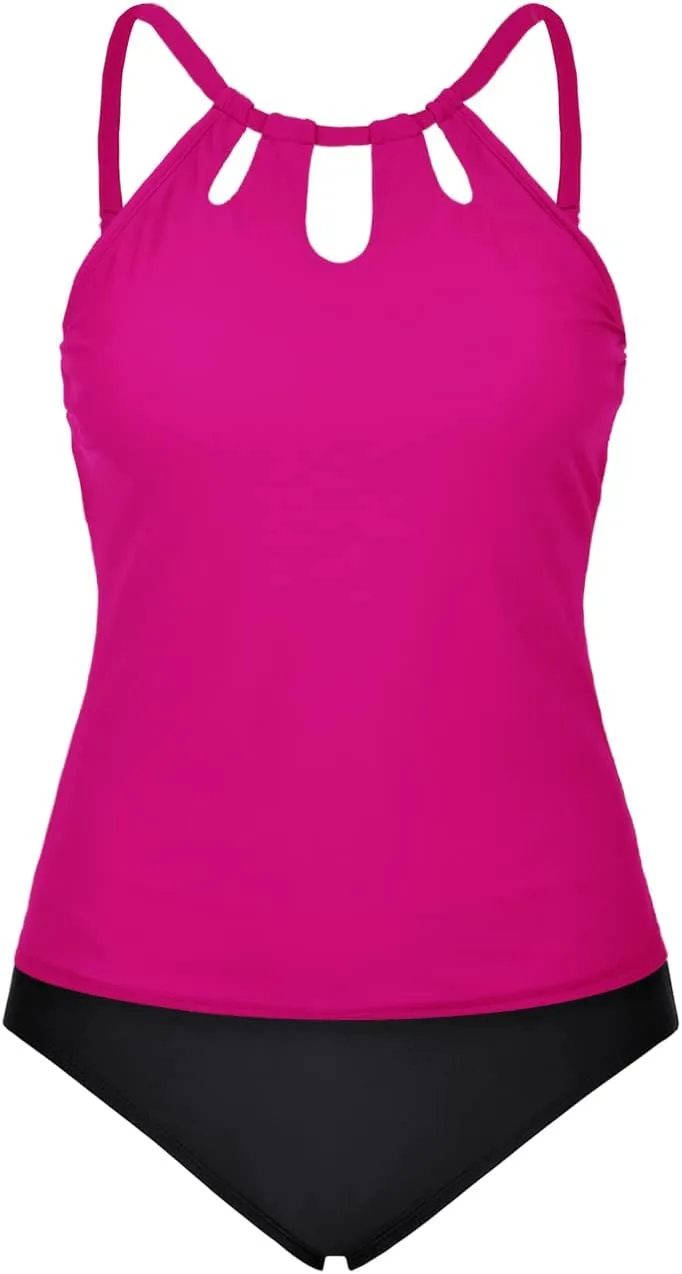 Hilor Women's Tankini Swimsuits High Neck Two Piece Bathing Suits Keyhole Swimwear Tankini with Briefs