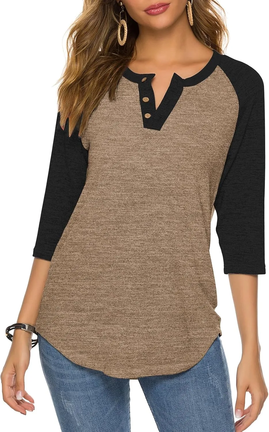 HOCOSIT Women's Raglan V Neck Summer Tops 3/4 Sleeve Ladies Button Henley Shirt Boyfriend Style Blouse