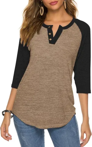HOCOSIT Women's Raglan V Neck Summer Tops 3/4 Sleeve Ladies Button Henley Shirt Boyfriend Style Blouse