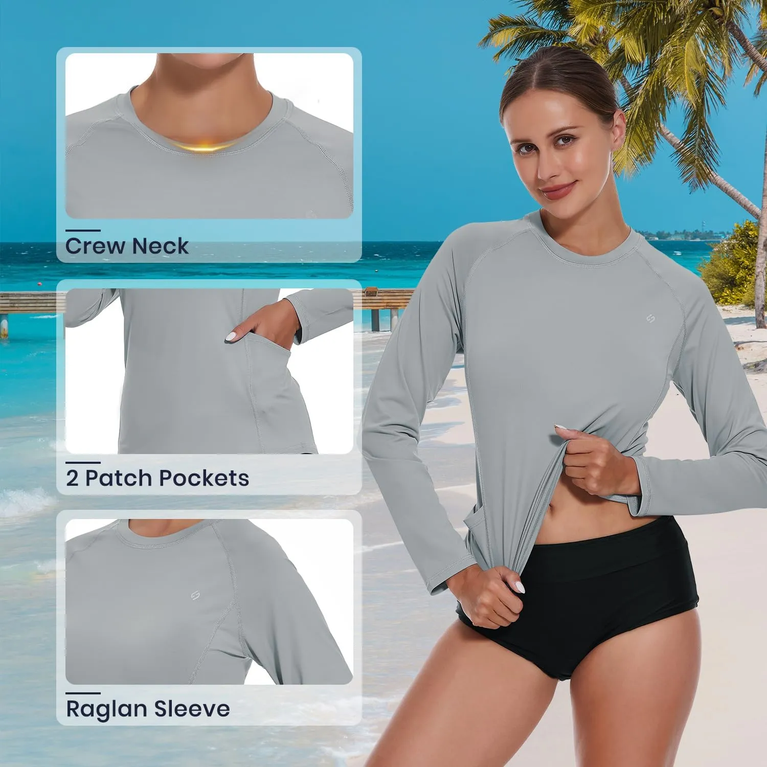 HODOSPORTS Rash Guard for Women UPF 50  Swim Shirt with Pockets Sun Protection Shirts Lightweight Long Sleeve