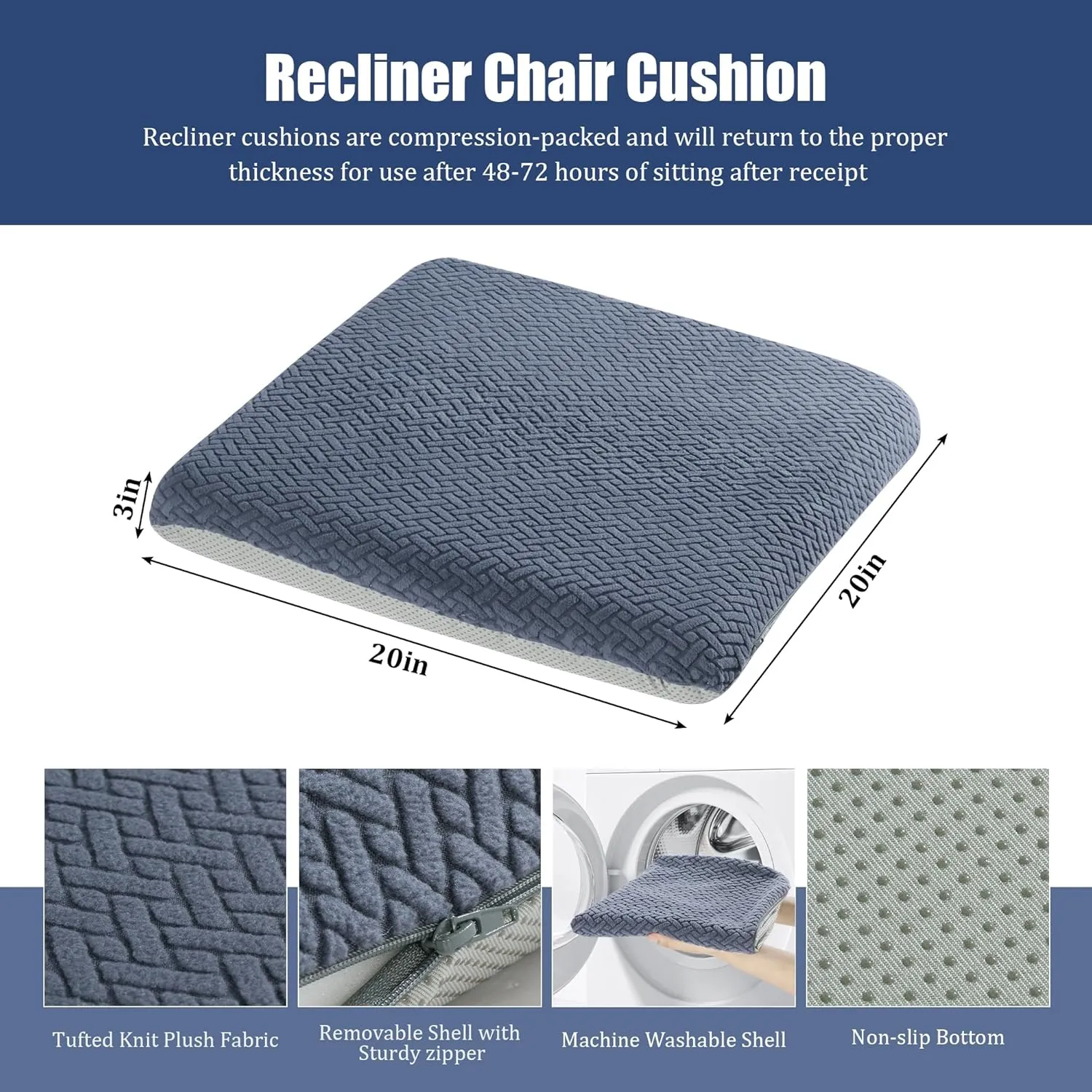 HOMBYS Tufted Furry Recliner Seat Cushion for Elderly Foam Curved Edge Large Square Seat Cushion for Recliner Chair, Floor Pillow, Office Chair, Car, No Pressure on Thighs,Grey