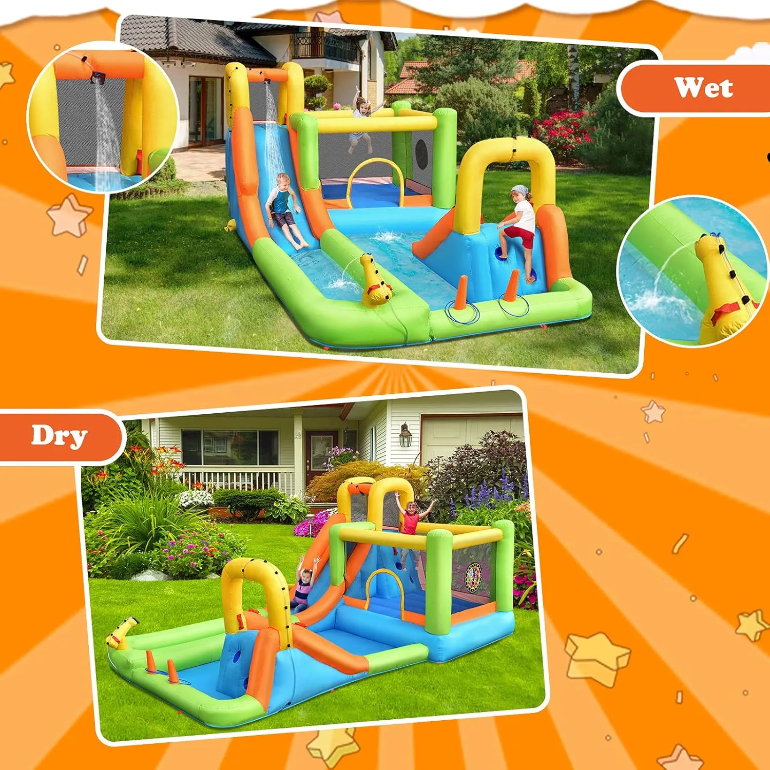 HONEY JOY Inflatable Water Slide, 8 in 1 Giant Water Bounce House & Water Park w/Slides, Climbing, Splash Pool, Outdoor Blow up Water Slides Inflatables for Kids and Adults Backyard(with 950w Blower)
