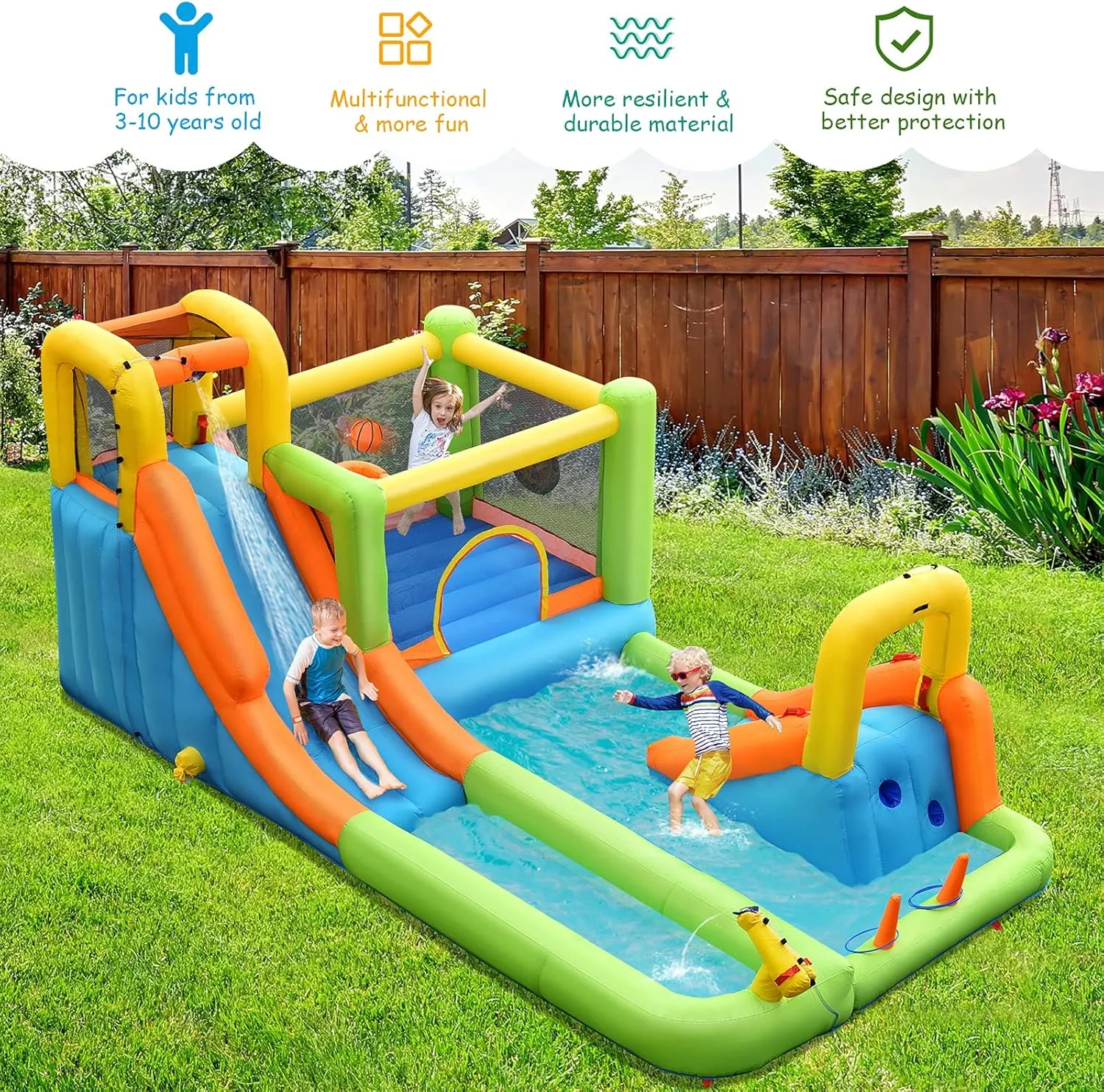 HONEY JOY Inflatable Water Slide, 8 in 1 Giant Water Bounce House & Water Park w/Slides, Climbing, Splash Pool, Outdoor Blow up Water Slides Inflatables for Kids and Adults Backyard(with 950w Blower)