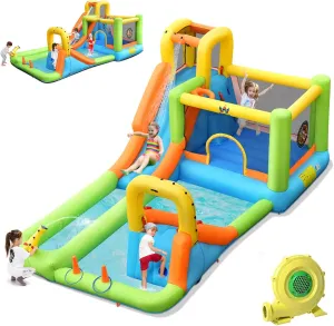 HONEY JOY Inflatable Water Slide, 8 in 1 Giant Water Bounce House & Water Park w/Slides, Climbing, Splash Pool, Outdoor Blow up Water Slides Inflatables for Kids and Adults Backyard(with 950w Blower)