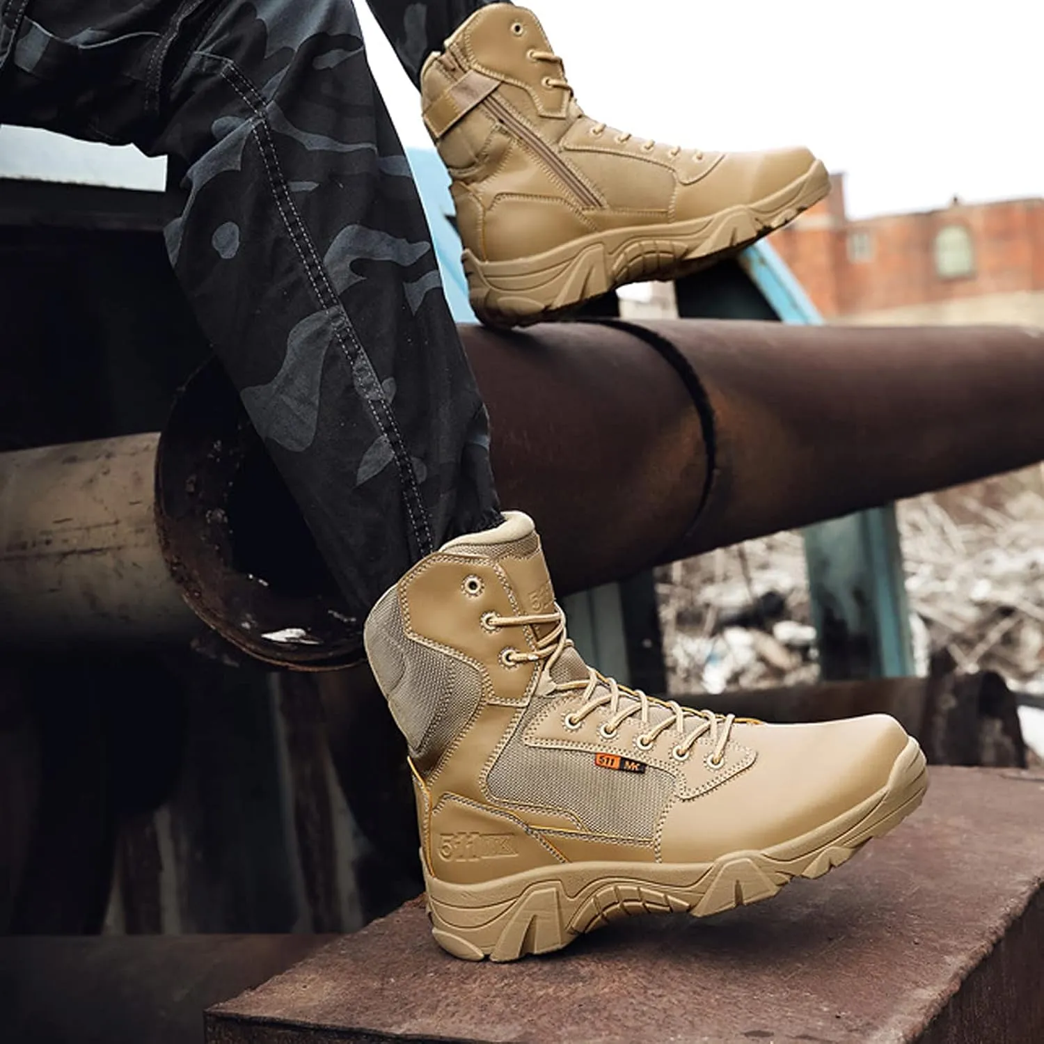 hongrenamz Men's Hiking Boots Waterproof Lightweight Walking Trekking Camping Boots Breathable Non-Slip Outdoor Shoes Sand-EU40/US7.5